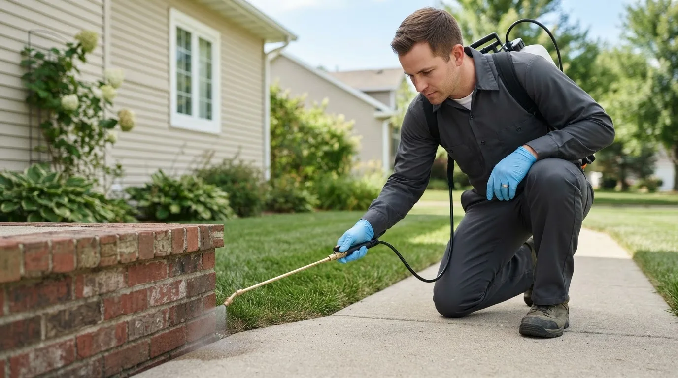 Pest control technician treating a home near Linden, VA